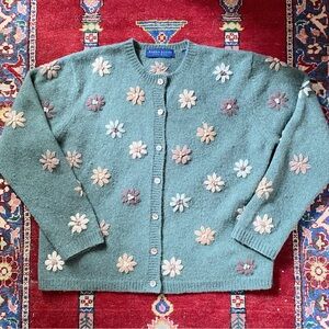 Vintage 90s Cardigan Sweater Wool Embroidered Flowers Green Cottage Small Medium